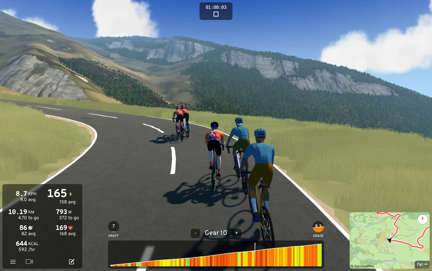 A rider climbing with live gradient and power readouts