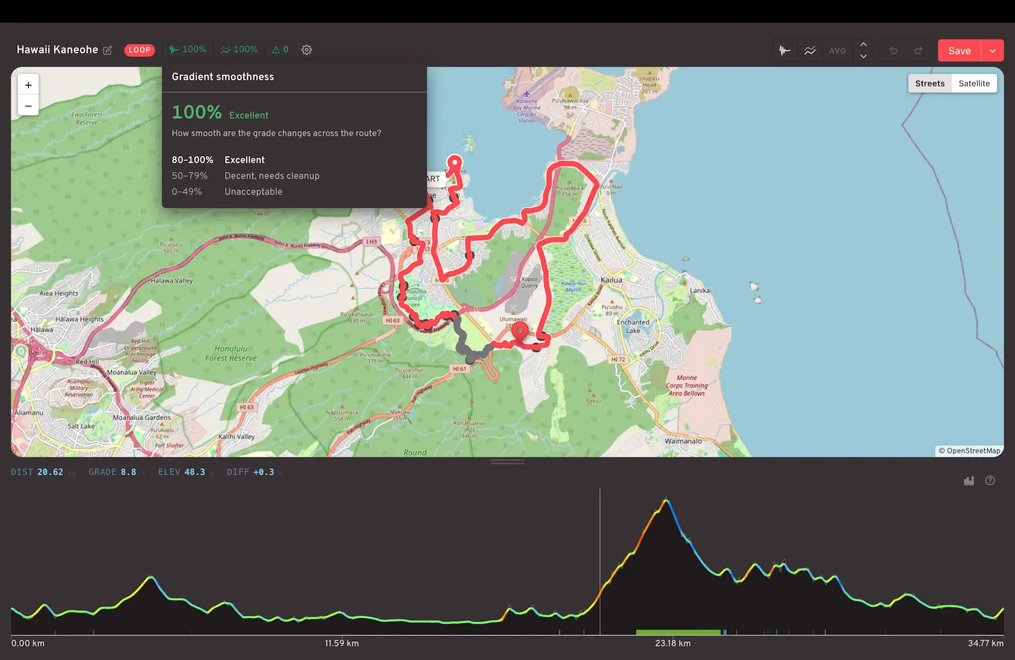 The Route Editor scoring the gradient smoothness of the Col du Galibier